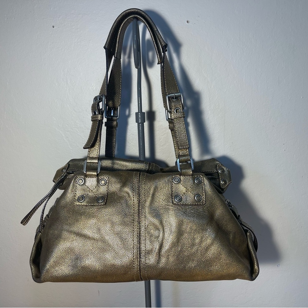 Hype Genuine Leather Metallic Gold Satchel Bag Structured Shoulder Purse